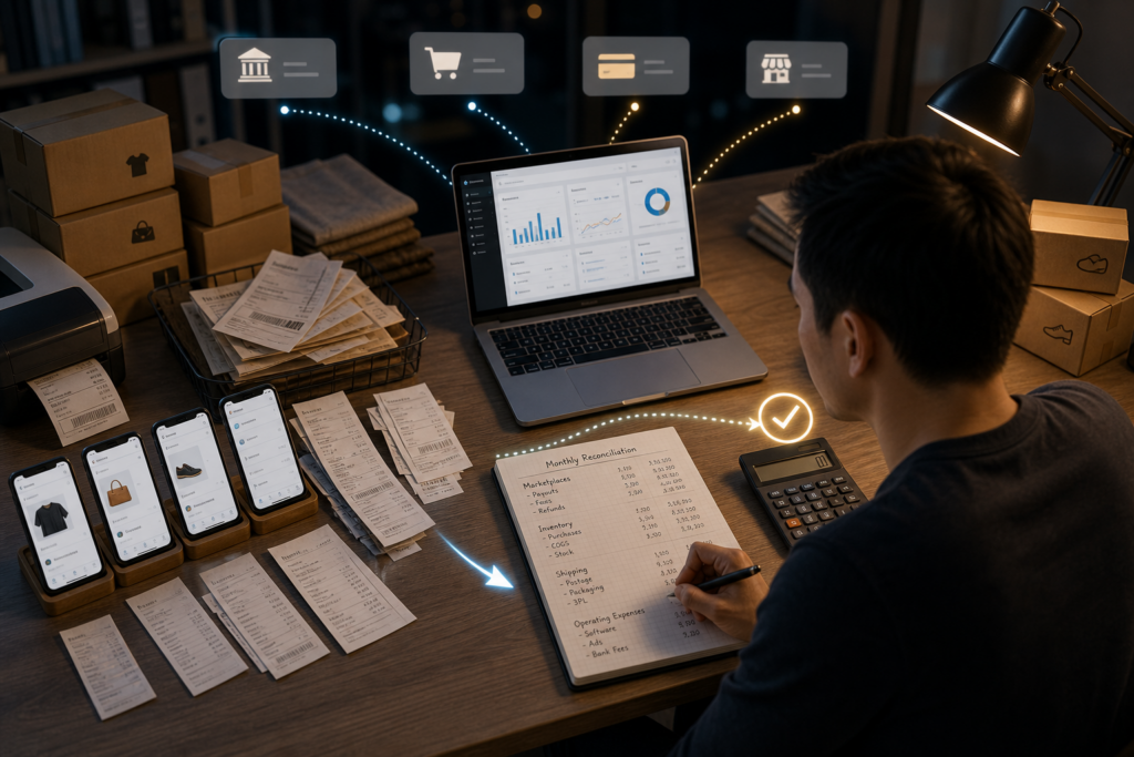 Online store owner reconciling sales, receipts, and expenses on a laptop and Online store owner reconciling sales, receipts, and expenses on a laptop and notebook