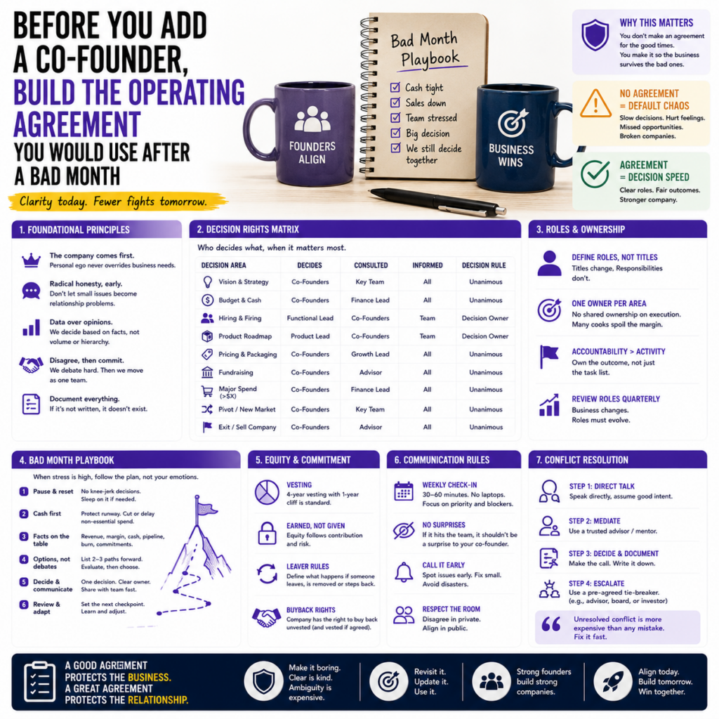 Before You Add a Co-Founder, Build the Operating Agreement You Would Use After a Bad Month