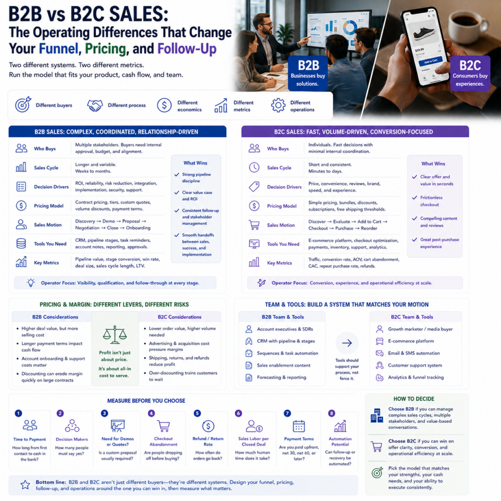 B2B vs B2C Sales The Operating Differences That Change Your Funnel Pricing and Follow Up B2B vs B2C Sales: The Operating Differences That Change Your Funnel, Pricing, and Follow-Up