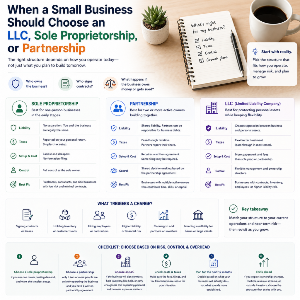 When a Small Business Should Choose an LLC, Sole Proprietorship, or Partnership When a Small Business Should Choose an LLC, Sole Proprietorship, or Partnership