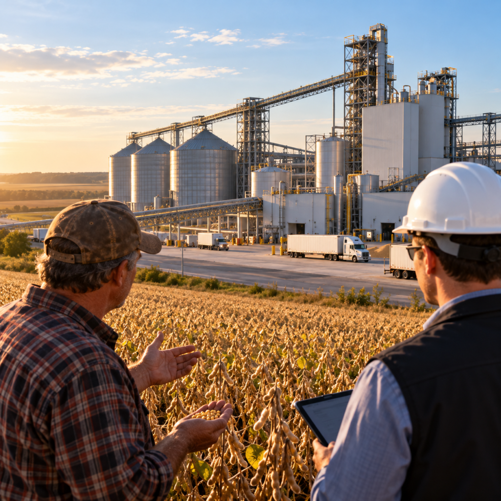 Farmers Overlooking a Soybean Processing Plant What ADM’s $100 Million Oilseed Expansion Could Mean for Growers and Agricultural Processors